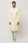 Aryavir Malhotra_Gold Sherwani And Stole Art Silk Embroidered Sequin Diamond Pattern Set _Online_at_Aza_Fashions