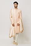 Buy_Aryavir Malhotra_Peach Sherwani Art Silk Embroidered Sequin Blossom With Churidar _at_Aza_Fashions