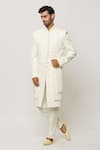 Buy_Aryavir Malhotra_Cream Sherwani Art Silk Embroidered Thread Layered Work And Pant Set_at_Aza_Fashions