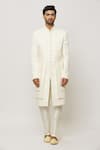 Aryavir Malhotra_Cream Sherwani Art Silk Embroidered Thread Layered Work And Pant Set_Online_at_Aza_Fashions