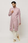 Buy_Aryavir Malhotra_Pink Sherwani Art Silk Embroidered Thread Work Jacket And Aligadi Pant Set _at_Aza_Fashions