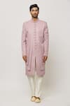 Aryavir Malhotra_Pink Sherwani Art Silk Embroidered Thread Work Jacket And Aligadi Pant Set _Online_at_Aza_Fashions