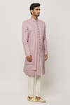 Buy_Aryavir Malhotra_Pink Sherwani Art Silk Embroidered Thread Work Jacket And Aligadi Pant Set _Online_at_Aza_Fashions