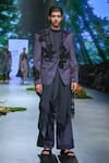 Shop_Varun Bahl_Black Poly Organza Hand Embroidered Floral Motifs Jacket Trouser Set _at_Aza_Fashions