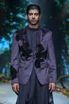 Shop_Varun Bahl_Black Poly Organza Hand Embroidered Floral Motifs Jacket Trouser Set _Online_at_Aza_Fashions