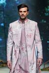 Varun Bahl_Pink Sherwani Velvet Printed Floral Trouser Set _at_Aza_Fashions