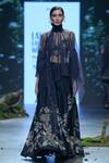 Varun Bahl_Black Chanderi Hand Embroidery Floral Stand Collar Lehenga Cape Set _Online_at_Aza_Fashions