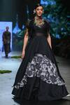 Buy_Varun Bahl_Black Chanderi Embroidery Print Layered Lehenga Asymmetric Tunic Set  _at_Aza_Fashions