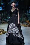 Varun Bahl_Black Chanderi Embroidery Print Layered Lehenga Asymmetric Tunic Set  _at_Aza_Fashions