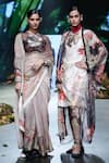 Varun Bahl_Brown Chanderi Printed And Embroidered Floral Cape & Kurta Set  _at_Aza_Fashions