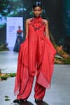 Buy_Varun Bahl_Red Lurex Embroidered Bloom Print Cape Applique Draped Trouser Set  _at_Aza_Fashions