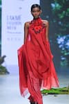 Buy_Varun Bahl_Red Lurex Embroidered Bloom Print Cape Applique Draped Trouser Set  _Online_at_Aza_Fashions