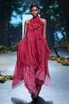 Varun Bahl_Red Lurex Embroidered Bloom Print Cape Applique Draped Trouser Set  _at_Aza_Fashions