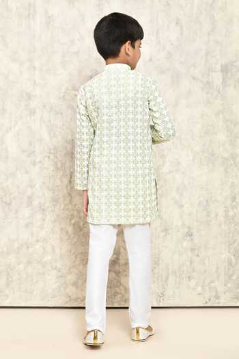 Shop_Petite Pomme_Green Cotton Embroidery Chikankari Floral Kurta _at_Aza_Fashions