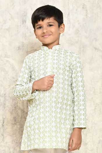 Petite Pomme_Green Cotton Embroidery Chikankari Floral Kurta _Online_at_Aza_Fashions