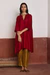 Shop_Shorshe Clothing_Red Silk, Handloom Cotton V-neck Pure Jhabla Kurta And Cigarette Pant Set _Online_at_Aza_Fashions