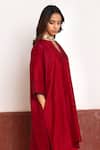 Shorshe Clothing_Red Silk, Handloom Cotton V-neck Pure Jhabla Kurta And Cigarette Pant Set _at_Aza_Fashions