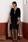 Buy_Shorshe Clothing_Black Kurta Velvet And Brocade Hand Embroidered Floral V Neck Kaftan & Pant Set _at_Aza_Fashions