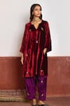 Buy_Shorshe Clothing_Red Velvet Hand Embroidered Floral Notched V Kurta And Salwar Set _at_Aza_Fashions