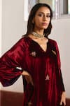 Shorshe Clothing_Red Velvet Hand Embroidered Floral Notched V Kurta And Salwar Set _at_Aza_Fashions