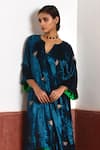 Buy_Shorshe Clothing_Blue Velvet Hand Embroidered Floral Notched V Kurta And Salwar Set _Online_at_Aza_Fashions