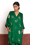 Shorshe Clothing_Green Kaftan Brocade Woven Floral V Neck Flower And Cigarette Pant Set _Online_at_Aza_Fashions