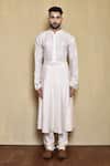 Buy_Arihant Rai Sinha_Peach Silk Embroidery Rosa Fleur Woven Sherwani Set _Online_at_Aza_Fashions