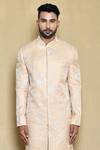 Shop_Arihant Rai Sinha_Peach Silk Embroidery Rosa Fleur Woven Sherwani Set _Online_at_Aza_Fashions