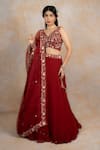 Buy_house of mithi kalra_Red Georgette Embroidered Resham V Neck Gota Blouse Lehenga Set _at_Aza_Fashions