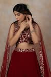 Buy_house of mithi kalra_Red Georgette Embroidered Resham V Neck Gota Blouse Lehenga Set _Online_at_Aza_Fashions