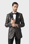 Buy_Raghavendra Rathore Jodhpur_Black Wool Jacquard Floral The Foil Pattern Tuxedo Jacket _Online_at_Aza_Fashions