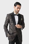 Shop_Raghavendra Rathore Jodhpur_Black Wool Jacquard Floral The Foil Pattern Tuxedo Jacket _Online_at_Aza_Fashions