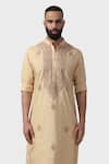 Buy_Raghavendra Rathore Jodhpur_Beige Tussar Silk Embroidery Thread Work Minar Acanthus Bloom Kurta _Online_at_Aza_Fashions