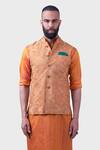 Buy_Raghavendra Rathore Jodhpur_Orange Silk Embroidery The Amer Metallic Thread Waistcoat _at_Aza_Fashions