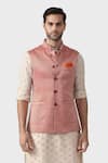 Buy_Raghavendra Rathore Jodhpur_Red Silk Brocade Button Down Waistcoat _at_Aza_Fashions