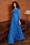 Astha Batra_Blue Satin Georgette Hand Embroidered Cut Dana And Pleated Draped Gown  _Online_at_Aza_Fashions