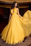 Buy_Astha Batra_Yellow Organza Plain Halter Neck Pleated Draped Flared Gown  _at_Aza_Fashions