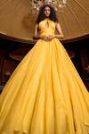 Shop_Astha Batra_Yellow Organza Plain Halter Neck Pleated Draped Flared Gown  _at_Aza_Fashions