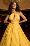 Buy_Astha Batra_Yellow Organza Plain Halter Neck Pleated Draped Flared Gown  _Online_at_Aza_Fashions