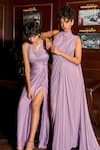 Astha Batra_Purple Satin Georgette Embroidery Beads V Neck Hand Bodice Gown _Online_at_Aza_Fashions