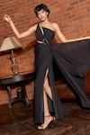 Buy_Astha Batra_Black Lycra Net Plain Asymmetric Neck Draped Gown _at_Aza_Fashions