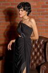 Shop_Astha Batra_Black Lycra Net Plain Asymmetric Neck Draped Gown _Online_at_Aza_Fashions