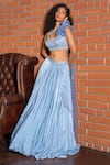 Astha Batra_Blue Satin Georgette Hand Embroidery Mirror Asymmetric Neck Lehenga With Blouse _Online_at_Aza_Fashions