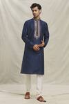 Arihant Rai Sinha_Blue , Satin Embroidery Blossom Placket Kurta Set _at_Aza_Fashions