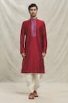 Arihant Rai Sinha_Maroon Kurta Silk Blend Embroidered Thread Butti With Dhoti Pant _Online_at_Aza_Fashions