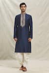 Arihant Rai Sinha_Blue , Satin Sequins, Embroidery Floral Thread Kurta With Dhoti Pant_Online_at_Aza_Fashions