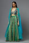 Shop_Aum By Asit And Ashima_Green Silk Embroidered Floral Deep V Neck Cape Sharara Set _Online_at_Aza_Fashions
