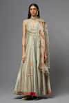 AUM by Asit and Ashima_Silver Silk Embroidered Floral U Neck Anarkali With Dupatta _at_Aza_Fashions