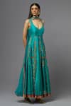 Shop_AUM by Asit and Ashima_Blue Silk Embroidered Floral Deep V Neck Anarkali With Dupatta _Online_at_Aza_Fashions
