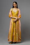 AUM by Asit and Ashima_Yellow Silk Embroidered Floral Deep V Neck And Thread Anarkali With Dupatta _at_Aza_Fashions
